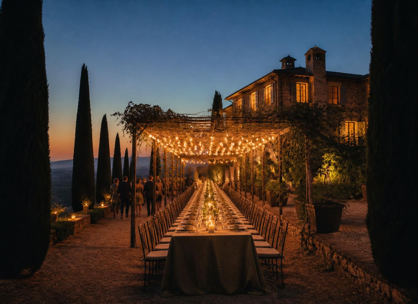 An outdoor celebration laid for guests at dusk